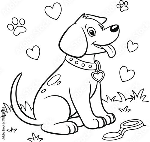 Happy puppy with heart collar and toy vector