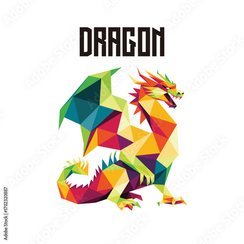 Dragon with fierce face in Colorful Polygon Low Poly. Colorful Abstract illustration of dragon. Chinese dragon Vector logo