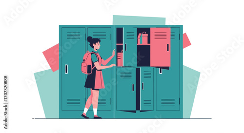 Student at School Searching for Books inside Lockers, School Life Concept Illustration