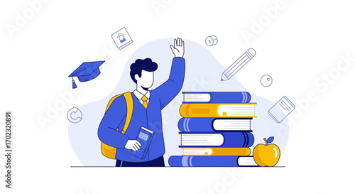 Student Celebrating Education Success with Stacked Books and Graduation Cap Illustration