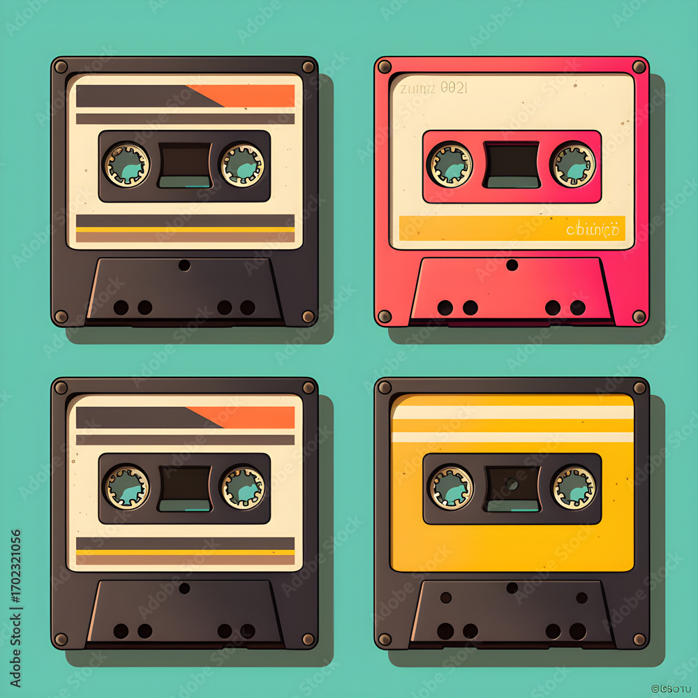 Fototapeta premium Vector illustration of four retro cassette tapes in a flat, pop-art style, audio cassette tape vector, retro audio cassette, set of retro audio tapes, audio cassette tape vector illustration