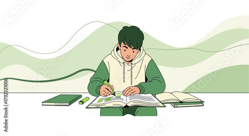 Student Engaged In Active Learning While Highlighting Information With A Green Marker