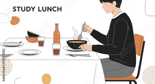 Student Enjoying A Hot Bowl Of Soup At Lunch During A Break With Beverages