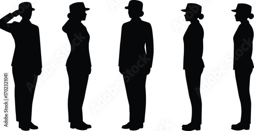 Silhouettes of uniformed women standing and saluting in various poses, professional military personnel illustration on white background, teamwork concept