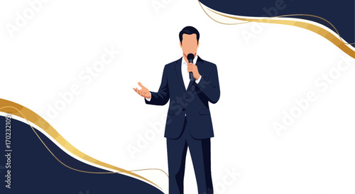 Presenter In Formal Attire Speaking At A Podium With Decorative Wavy Lines