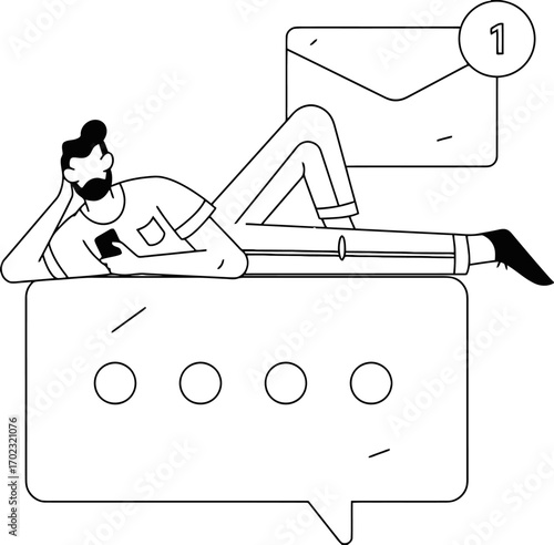Man relaxing with phone, new messages awaiting, embodying digital lifestyle, illustrating modern communication, perfect for tech blogs and social media marketing campaigns now