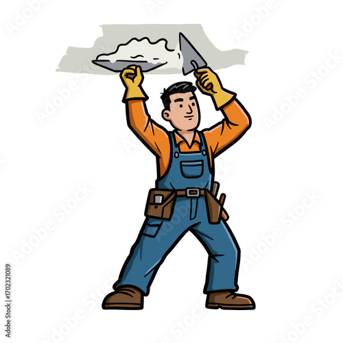 Asian worker plastering ceiling while wearing gloves and overalls  