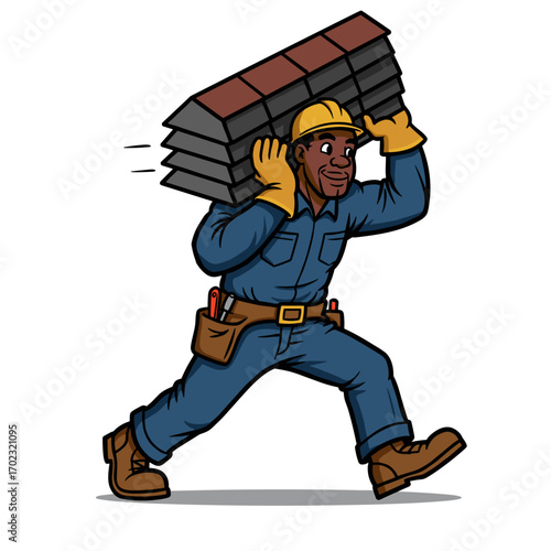 Construction worker carrying roof shingles while walking outdoors  