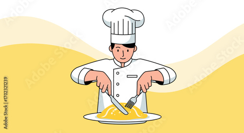 Professional Chef Slicing Food Illustration on a Plate, with a Yellow and White Background