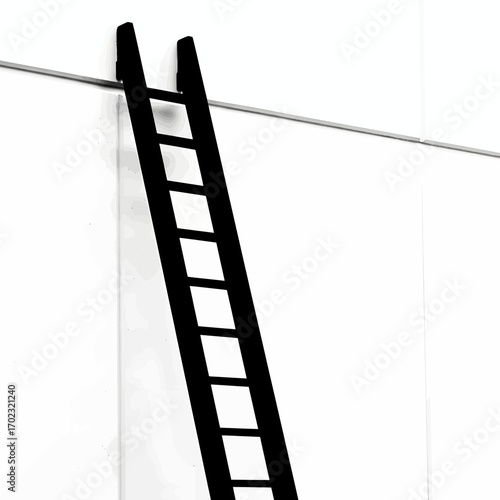 Black ladder silhouette leaning against a white wall isolated on white background