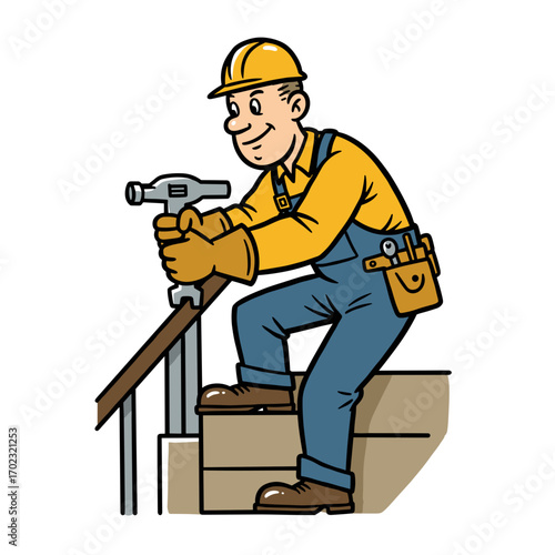 Builder tightening bolts on stair railing with tools and friendly smile  