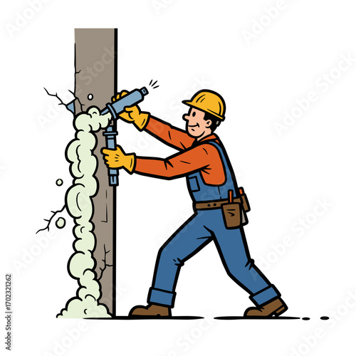 Construction worker sealing facade cracks with foam for repair  