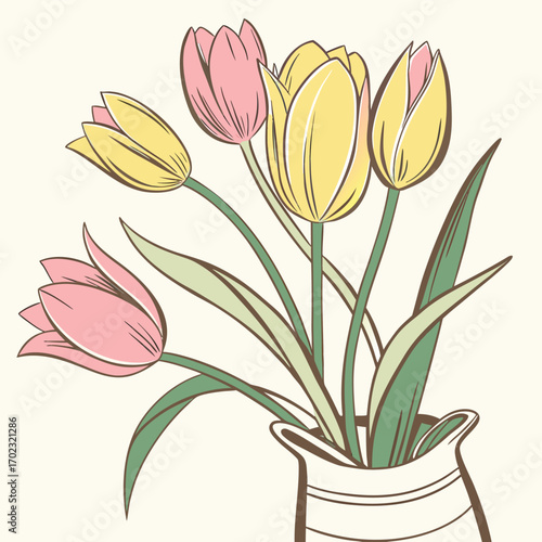 Delicate watercolor painting of pink and yellow tulips artistic floral illustration with soft blended colors and elegant petal details perfect for spring or botanical themes