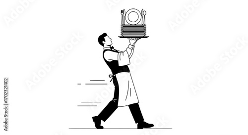 Professional Waiter Delivering Plates, Dishes, And Cutlery Rapidly In Restaurant Setting