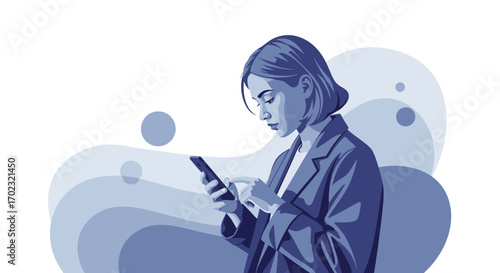 Professional Woman Scrolling Phone with Abstract Background Vector Illustration