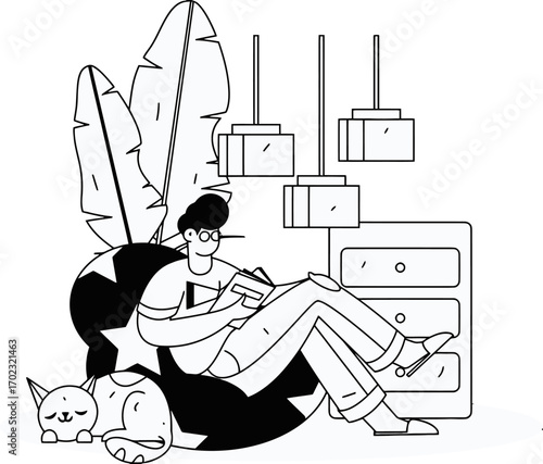 Relaxed man reading a book with his cat near a leafy plant in a cozy indoor setting, enjoying a peaceful moment of leisure and relaxation at home with modern design elements