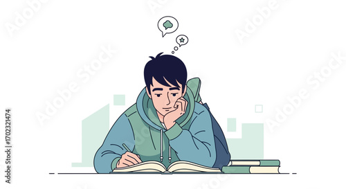 Student Thinking While Writing In Notebook, Studying And Thinking, Illustration Artwork