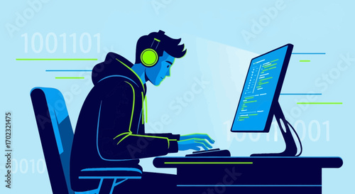 Programming Specialist Concentrating Deeply At The Computer Screen Creating Code And Solutions