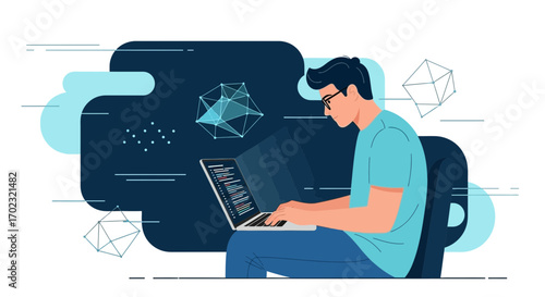 Programming Professional Working On Futuristic Tech With Data Visuals And Coding Screen
