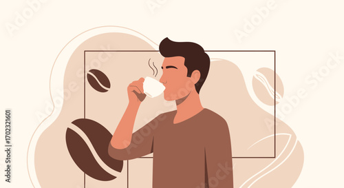 Stylish man drinking coffee illustration with coffee beans and sepia tone background