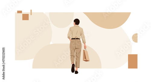 Stylish Person Walking Away With Shopping Bag, Abstract Design Aesthetic Illustration