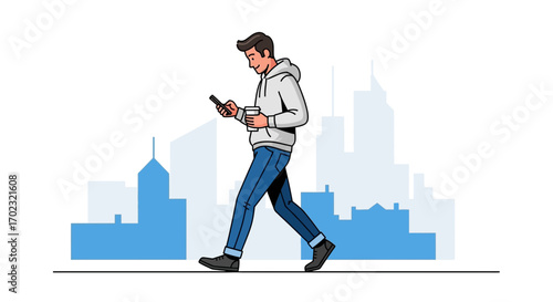 Stylish Man Walking in City Holding Coffee and Phone, Modern Urban Lifestyle Illustration