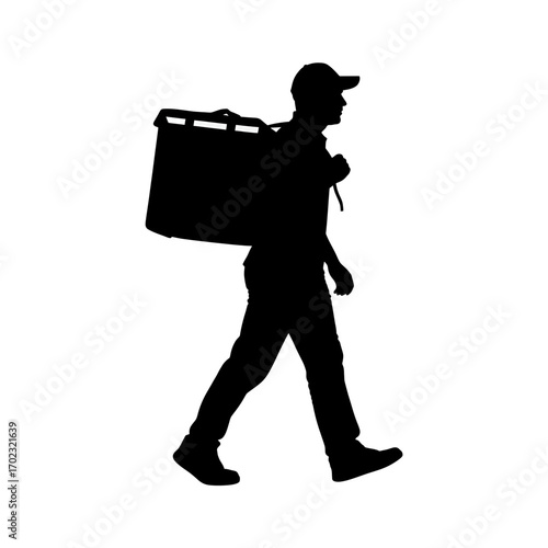 Delivery person walking with a large insulated bag silhouette isolated on white background