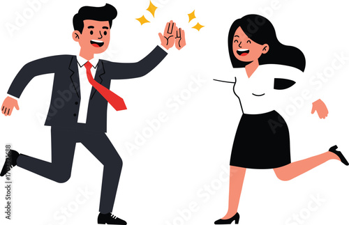 Business team celebrating success with high five, happy colleagues running, teamwork concept, office celebration, partnership, motivation, success.