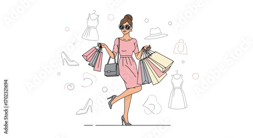Stylish Woman Enjoying Shopping Spree, Holding Many Shopping Bags With Joy.