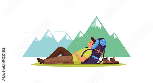 Relaxed Hiker Resting By Mountains After A Day Of Exploration And Adventure