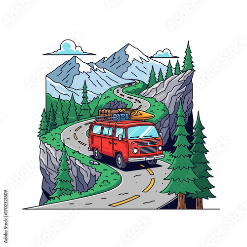 Vector illustration of a retro van on a scenic road trip through a mountain landscape
