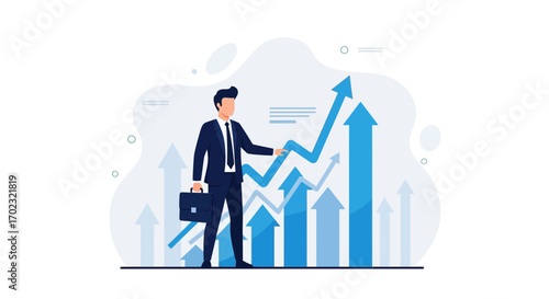 Successful Businessman Pointing to Growing Graph Indicating Financial Growth and Success