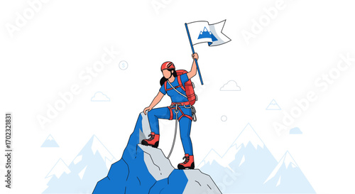 Successful Climber Reaching Summit, Celebrating Triumph, Raising Flag Achieving Goals Effortlessly