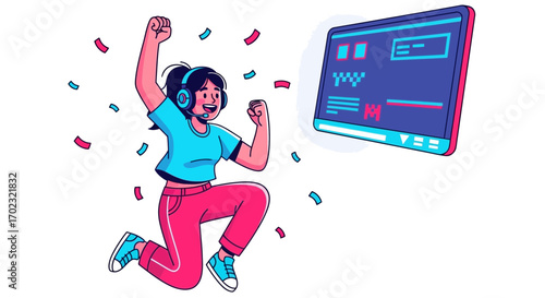 Successful Gamer Celebrating Victory After Finishing A Level, Enjoying The Moment
