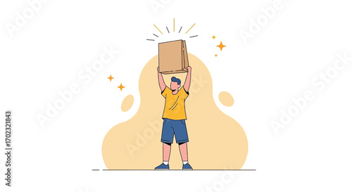 Successful Young Man Celebrating Delivery or Purchase With a Boxed Package Upward