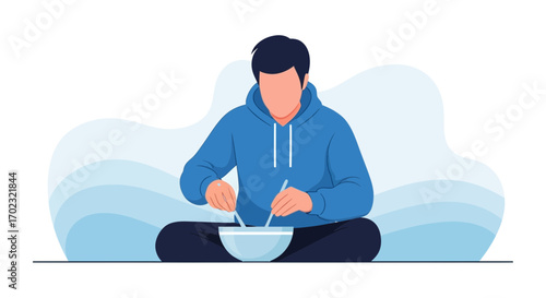 Relaxed Individual Eating Noodles, Peaceful Moment of Enjoying Meal Indoors or Outside