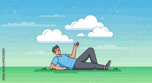 Relaxed Man Enjoying The Daydream On Grassy Field With Beautiful Sky Ambiance