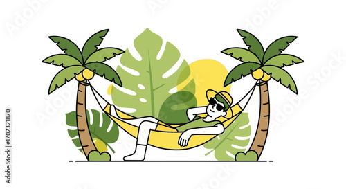 Relaxed Man In A Hammock Under Coconut Trees, Summer Vibe Illustration