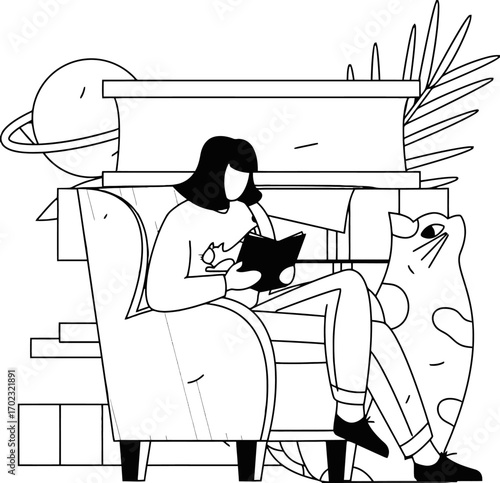Cozy moment of relaxation with a good book, unwind and escape into a literary adventure, surrounded by the comfort of home and the charming presence of a feline companion, a perfect retreat