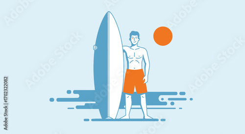 Surfer Posing Beside Surfboard With Sun, Illustrating Coastal Leisure and Summer Fun