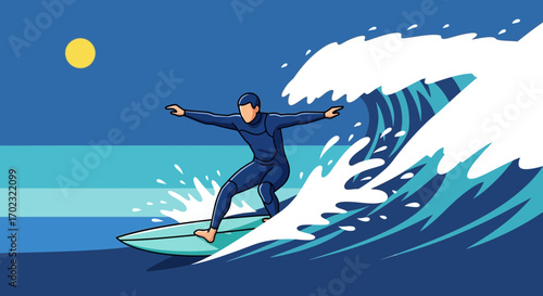 Surfer Riding A Magnificent Wave In The Ocean, Achieving The Adrenaline Rush