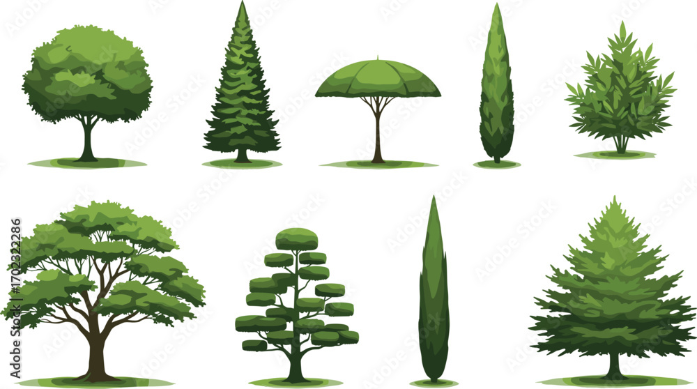 Fototapeta premium Stylized illustration of various green trees and shrubs in different shapes and sizes, perfect for landscaping and nature designs.