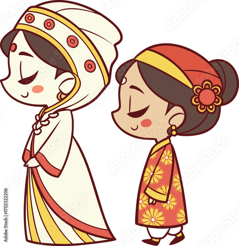 Two cartoon girls in traditional attire traditional clothing