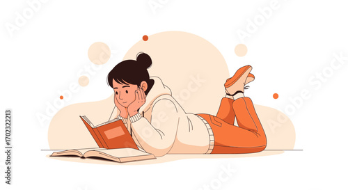 Relaxed Young Woman Reads A Book While Lying Down, Enjoying Literature And Leisure Time