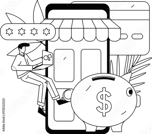 Man leveraging online shop for financial growth, showcasing modern e-commerce success, digital banking, secure transactions, and positive customer reviews for business expansion