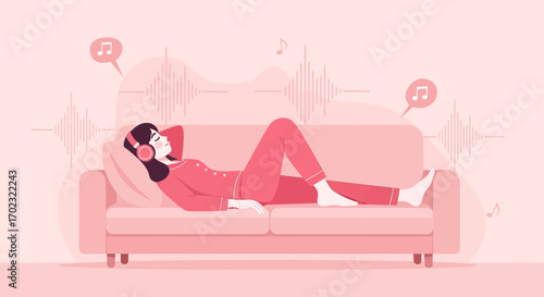 Relaxing Leisure Time Illustration Featuring Woman Laying on Couch Listening To Music