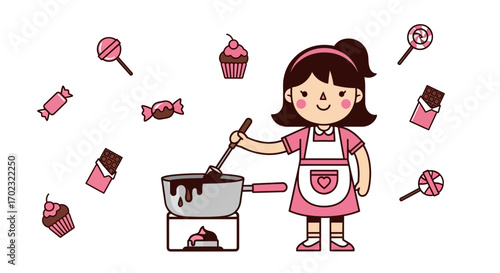 Sweet Treats Chef Melts Chocolate in A Pot Full of Delicious Candy Illustrations