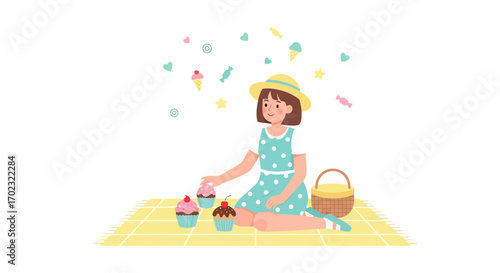 Sweet Picnic Scene: A Girl's Delight with Cupcakes Amidst Floating Sweets