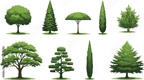Stylized illustration of various green trees and shrubs in different shapes and sizes, perfect for landscaping and nature designs.