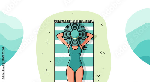 Relaxing Woman On Beach Towel Surrounded By Minimalist Aquatic Design Elements Relaxing Time